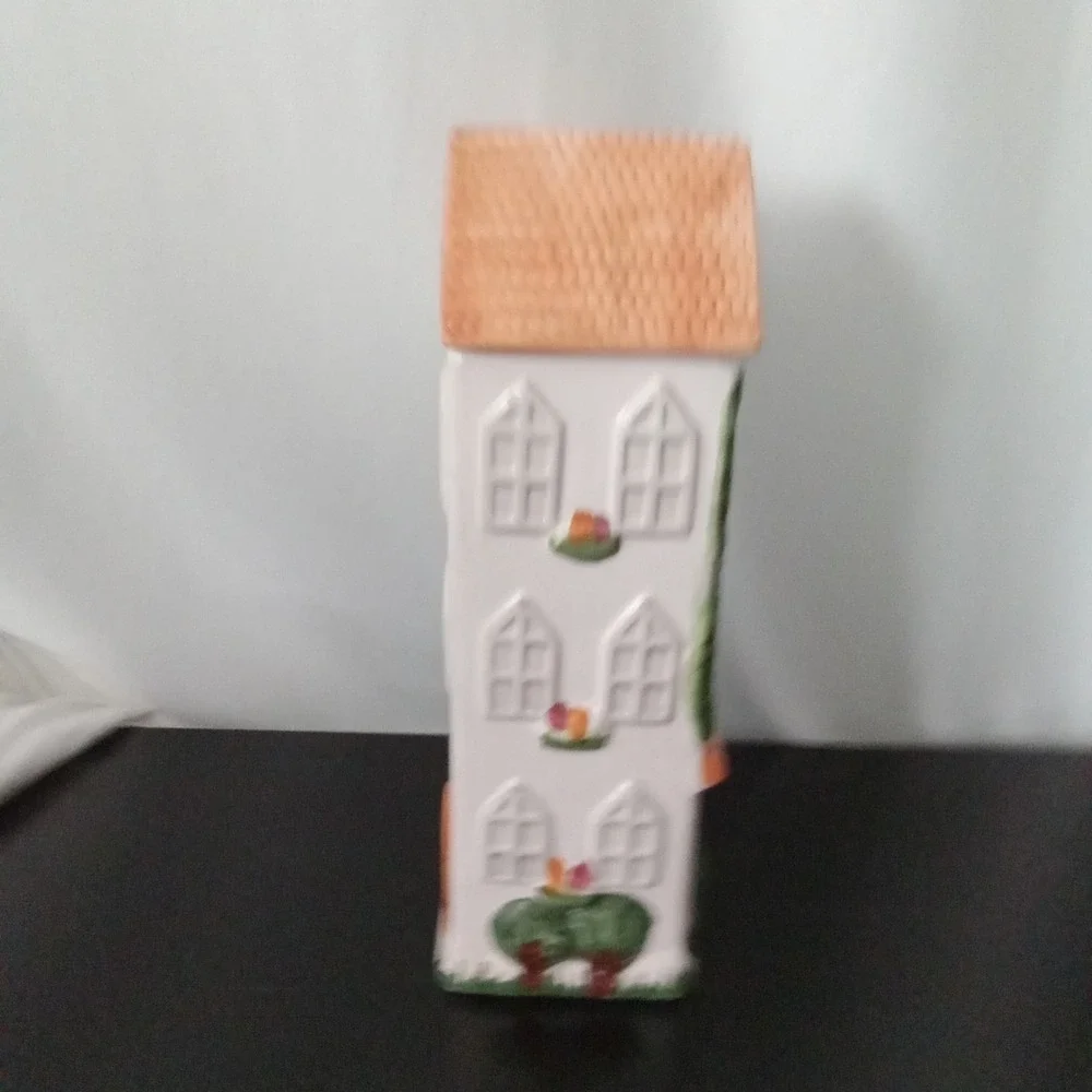 Vintage Style Ceramic Tall Pasta Canister House Shape Hand Painted 12.5 Inch